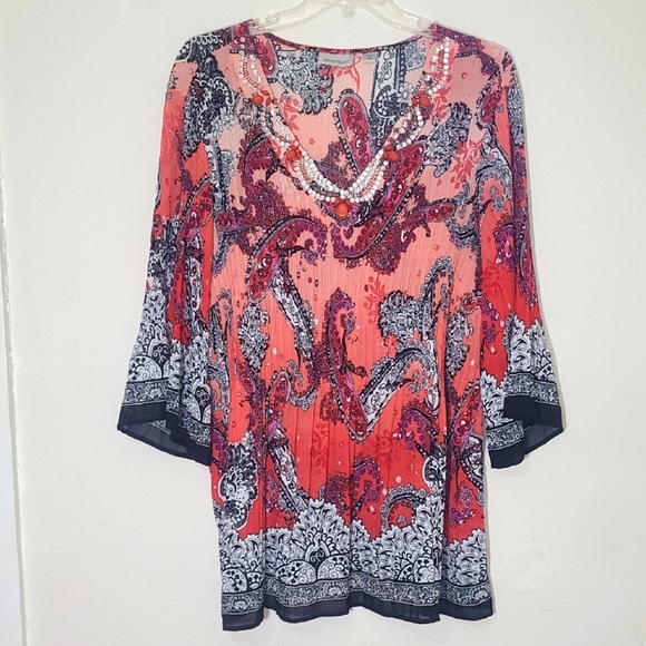 Beaded Paisley Ombre Bandana Print Tunic Top Long Loose Sleeve Bohemian V Neck - Picture 1 of 9